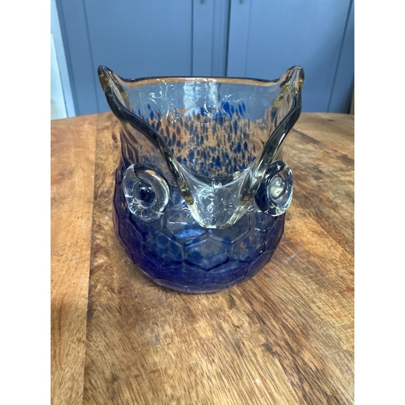Other - Hand Blown Glass Owl Vase Cobalt Blue Speckled Honeycomb Art Glass Vessel